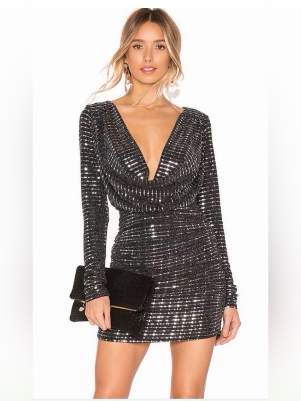 NWT h:ours REVOLVE Black Silver Sequin Long Sleeve Plunge Mini Dress Size S